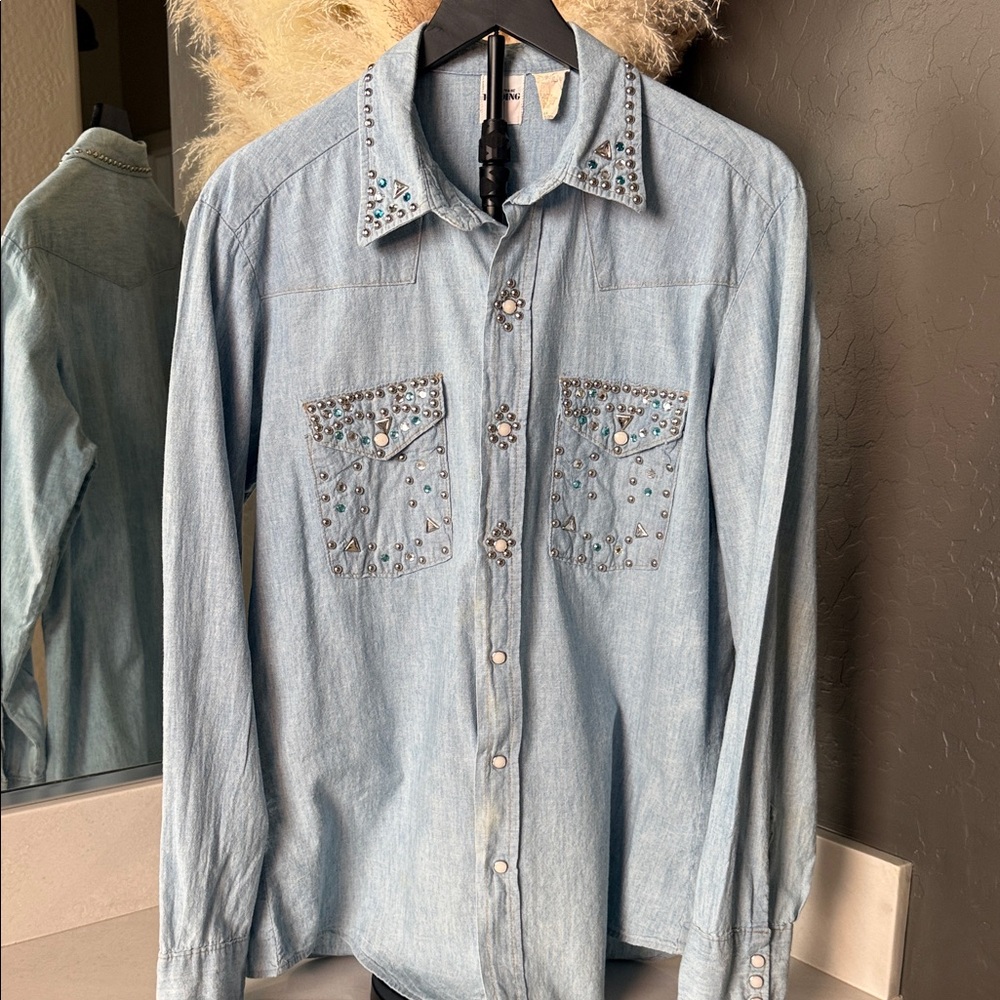 YOU GOTTA BE KIDDING Embellished Light Blue Denim & Diamonds shirt VTG - Picture 1 of 12